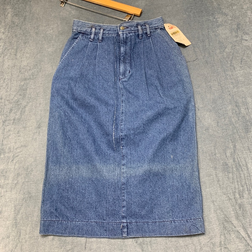 Dockers Denim Midi Skirt Womens 6 Petite Blue Cotton Back Slit Pockets Zip Fly
